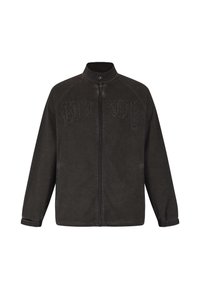 Schwarze Zip-Jacke mit Stehkragen, mit eingeprägtem "ED HARDY"-Text auf der Vorderseite. Hergestellt aus einem glatten, strukturierten Material.