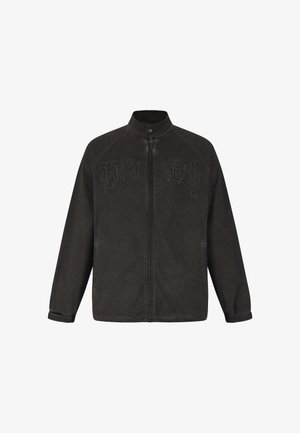 Zwarte zip-up jas met een staande kraag, voorzien van het reliëf "ED HARDY"-logo op de voorkant. Gemaakt van een gladde, gestructureerde stof.