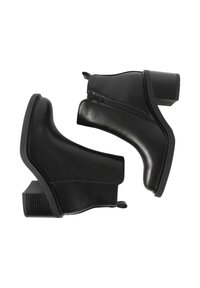 Stivali alla caviglia in pelle nera con punta rotonda, zip laterale e tacco a blocco testurizzato. Presentano una finitura liscia e un design minimalista.