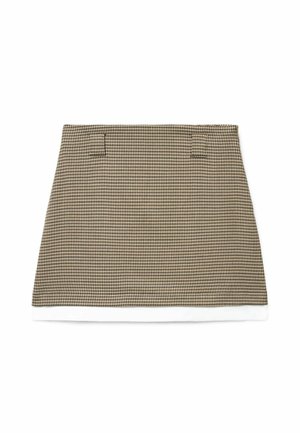 Gonna mini dritta fantasia pied de poule marrone e beige, con passanti per cintura e dettaglio orlo bianco stratificato.