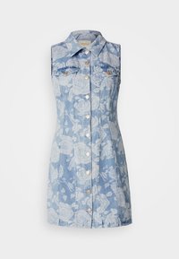 Denim dress with floral pattern in light blue, featuring a sleeveless design, button front, and two chest pockets. Gold button accents.