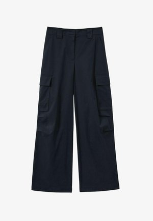Námornícke modré cargo nohavice z ľahkého materiálu, s širokými nohavicami, prednými vreckami a dvomi bočnými našitými vreckami na uskladnenie.
