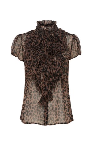Blusa trasparente marrone con stampa leopardata, caratterizzata da un colletto alto arricciato e maniche corte a sbuffo, rifinita con bottoni in tessuto sul davanti.