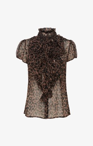 Kohene pruun blouse leopardimustriga, millel on volangiga kõrge kaelus ja lühikesed puhv-sleeved, eesriide kangast nööbid.