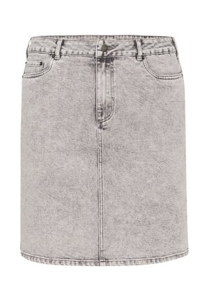 Gonna in denim grigio chiaro, con forma a matita, tasche frontali e dettagli di cucitura visibili. Il materiale presenta una finitura leggermente testurizzata.