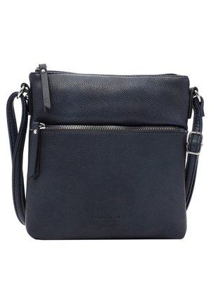 Navy leather crossbody bag with front zip pocket, smooth texture, adjustable strap, and subtle branding on the front.