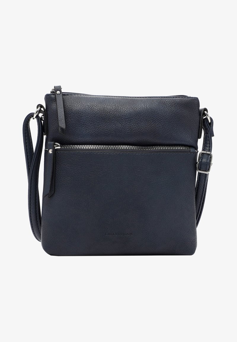 Borsa a tracolla in pelle blu navy con tasca frontale con zip, texture liscia, tracolla regolabile e branding discreto sulla parte anteriore.