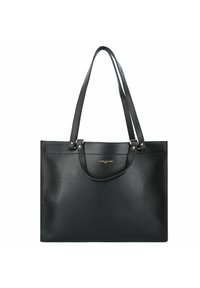 Borsa tote in pelle nera con due lunghe maniglie, finitura testurizzata, sottile logo dorato e forma rettangolare strutturata.