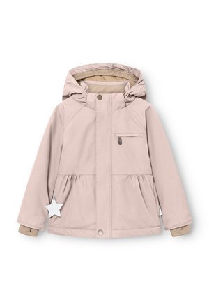 Helle rosa Jacke mit Kapuze, Frontreißverschluss und Druckknopfverschluss. Verfügt über eine geraffte Taille, Seitentaschen und ein sternförmiges Etikett. Glatte Textur.