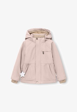 Lys rosa jakke med hette, frontlås og trykknapp-lukking. Har innsvingt midje, sidelommer og en stjernesformet etikett. Glatt tekstur.