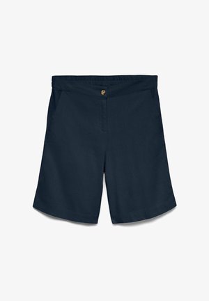 Pantaloncini blu navy fino al ginocchio con chiusura a bottone, vita elastica e tasche laterali, mostrati distesi su uno sfondo bianco.