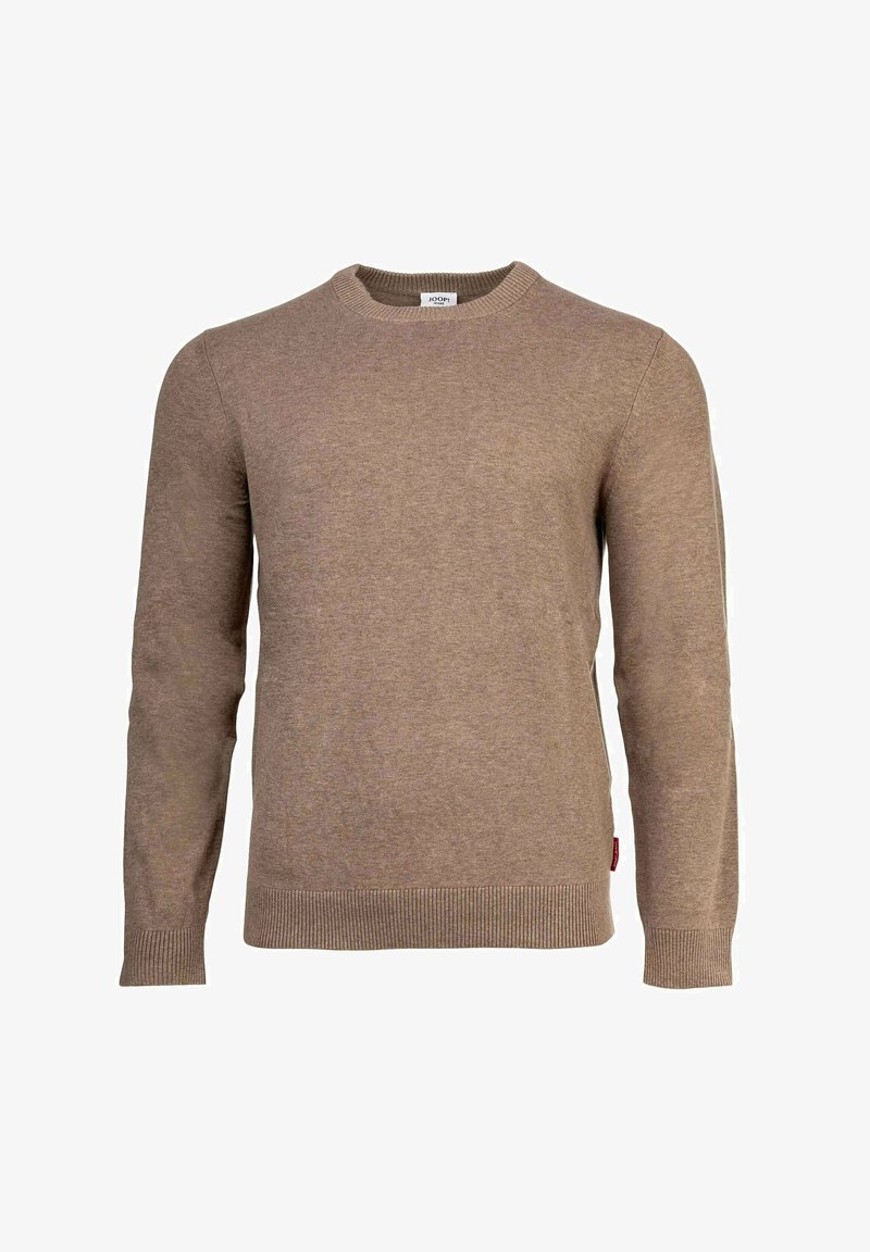 Maglione lavorato a maglia beige con scollatura rotonda, maniche lunghe e polsini e orlo a coste. Tessuto morbido con una vestibilità classica.