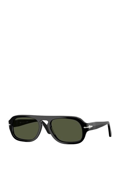 Gafas de sol negras con lentes verdes, de forma rectangular y un acabado brillante. Presenta un acento plateado en la patilla y un diseño distintivo en la parte superior del armazón.