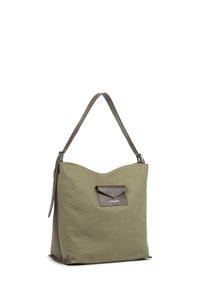 Borsa a spalla in canvas verde oliva con una tasca e una tracolla in pelle marrone. Caratterizzata da una finitura morbida e testurizzata e una chiusura con zip.