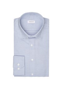 Lichtblauw button-up shirt met smalle strepen. Heeft een gespreide kraag en knopen bij de manchetten. Gemaakt van een soepele, gestructureerde stof.
