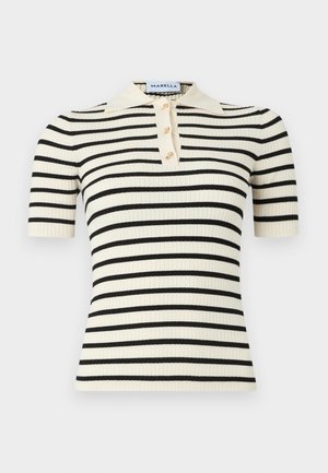 Geribd poloshirt met korte mouwen, uitgevoerd in een crèmekleurige basis met zwarte horizontale strepen. Voorzien van drie goudkleurige knopen en een kraag.