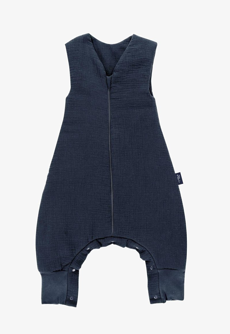Grenouillère bébé sans manches en coton bleu marine, avec fermeture éclair à l'avant et ouverture des jambes à pressions, dotée de poignets côtelés doux aux chevilles.