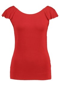 Rotes kurzärmliges Oberteil aus dehnbarem Stoff, mit einem runden Ausschnitt und Rüschendetails an den Schultern. Glatte Textur.