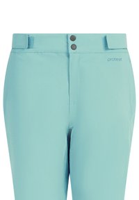 Aqua blauwe broek met een gladde textuur, voorzien van twee donkere knopen bij de tailleband en een klittenbandsluiting. "Protest" logo aan de zijkant.