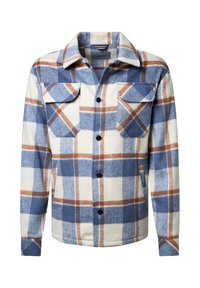 Flanellhemd in cremefarbenem, blauem und braunem Karomuster; verfügt über zwei Brusttaschen, eine durchgehende Knopfleiste und einen Kragen.