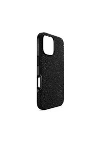 Coque de téléphone noire avec une surface texturée, ornée d'un motif de petits accents scintillants. Ouvertures pour les boutons et l'appareil photo d'un côté.