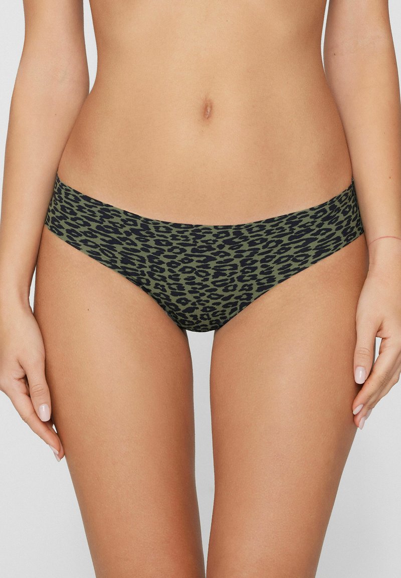 Braguitas de bikini con estampado de leopardo en verde y negro, con una cintura ancha y cómoda y una textura de tela suave.