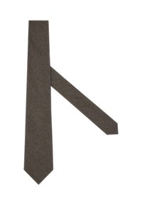 Corbata de lana marrón oscuro con una textura sutil, extendida sobre un fondo blanco mostrando tanto el lado frontal como el reverso.