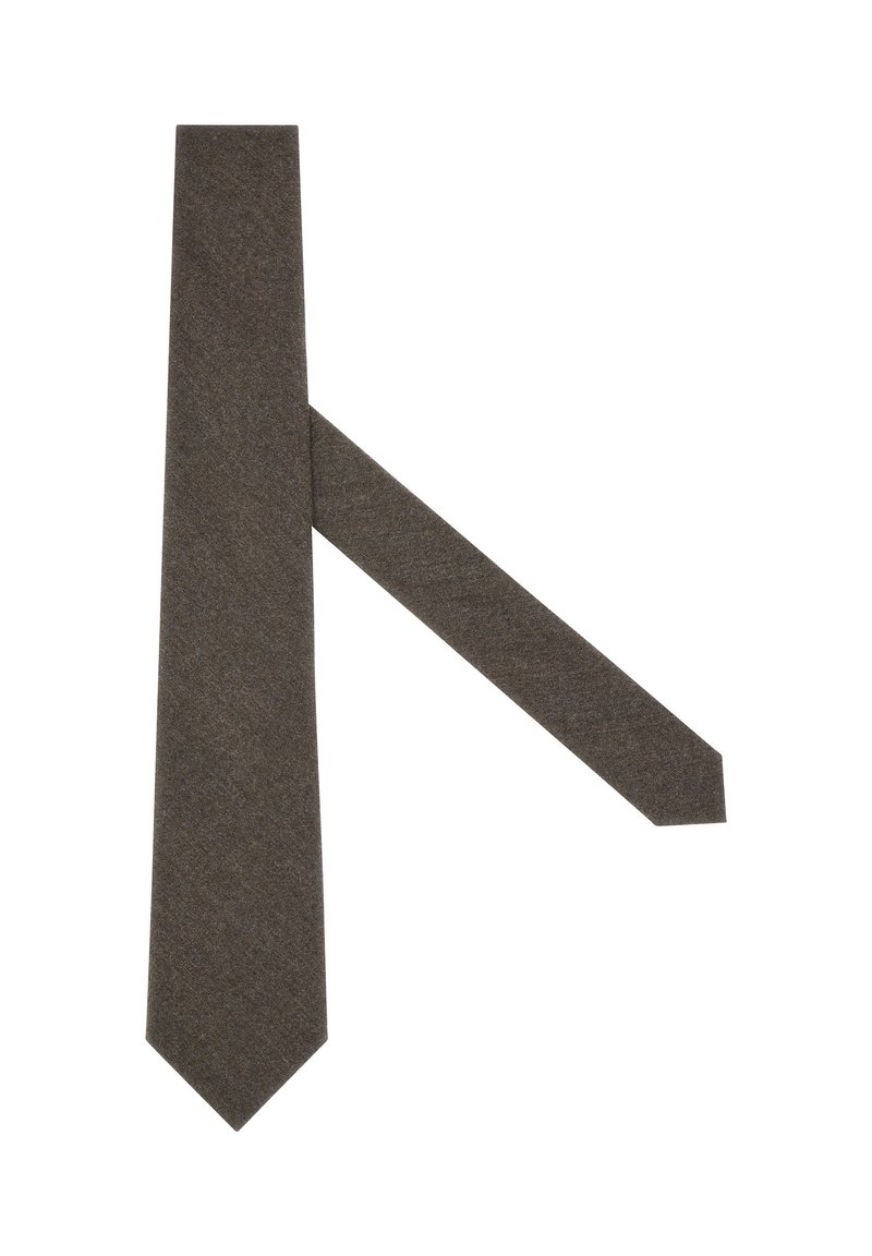 Corbata de lana marrón oscuro con una textura sutil, extendida sobre un fondo blanco mostrando tanto el lado frontal como el reverso.