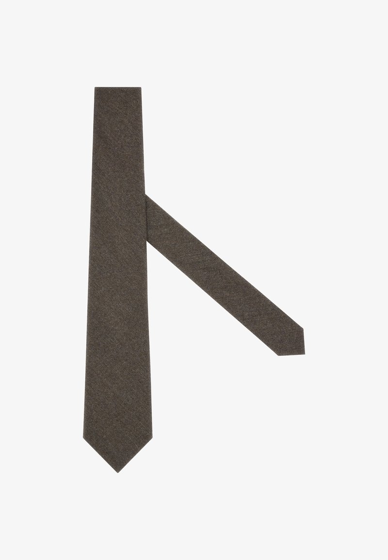 Donkerbruine wollen stropdas met een subtiele textuur, plat gelegd op een witte achtergrond, waarbij zowel de voorkant als de achterkant zichtbaar is.