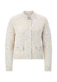 Gestrickter Cardigan in Creme mit mehrfarbigen Sprenkeln (Blau, Gelb). Verfügt über ein kragenloses Design, eine Knopfleiste und Vordertaschen.