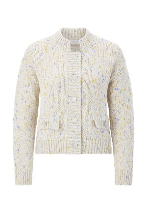 Gestrickter Cardigan in Creme mit mehrfarbigen Sprenkeln (Blau, Gelb). Verfügt über ein kragenloses Design, eine Knopfleiste und Vordertaschen.