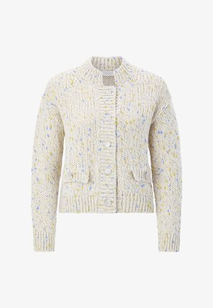 Kreemikas kudumiga kampsun mitmevärviliste plekkidega (sinine, kollane). Disainis on kraavita kaelus, nööbitav eesmine osa ja esiosas taskud.