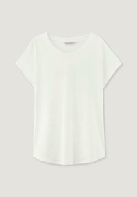 Weißes T-Shirt mit kurzen Ärmeln, Rundhalsausschnitt, lockerer Passform und weichem Material. Verfügt über Raglanärmel und einen abgerundeten Saum.