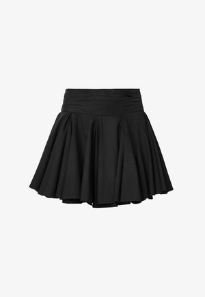 Black flared skirt made of lightweight fabric with a gathered waistband. Features pleated design for fullness and movement.
