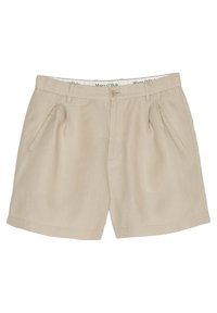 Shorts in lino beige con due tasche frontali, design frontale piatto e chiusura con bottone. Logo Marc O'Polo visibile sulla vita.