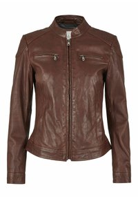 Braune Lederjacke mit figurbetontem Design, Stehkragen, Reißverschlusstaschen und strukturierten Schulterakzenten. Glatte Oberfläche und maßgeschneiderter Schnitt.