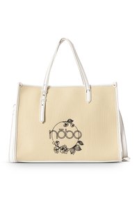 Beige Leinen-Einkaufstasche mit weißen Lederakzenten, schwarzer Blumenstickerei und Logo in rundem Design, rechteckiger Form und zwei Griffen.