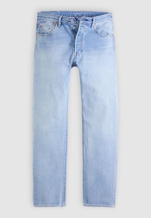 Jasnoniebieskie jeansy z denimu o prostym kroju nogawek, z pięcioma kieszeniami i zapięciem na guziki. Materiał ma wyblakły kolor i subtelną fakturę.