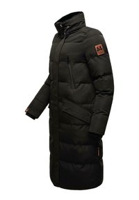 Padded dark green long coat with a high collar, zippered pockets, elastic cuffs, and a brown logo patch on the left shoulder.