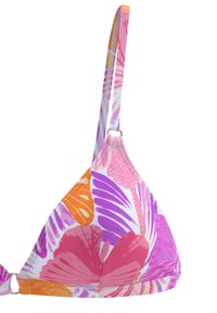Triangel bikini top met een bloemenpatroon in roze, paars en oranje, met een dunne verstelbare band en zilveren hardware details.