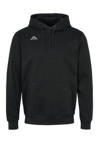 Zwarte hoodie van zachte stof, met een frontzak, een trekkoordkap, ribgebreide manchetten en een klein wit logo op de borst.