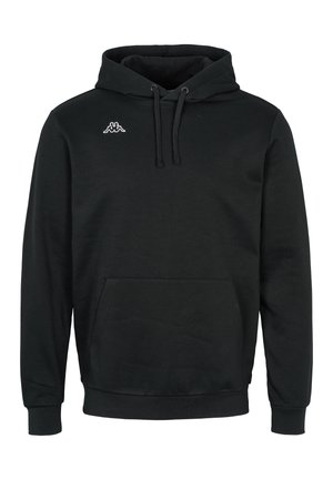 Haut à capuche noir en tissu doux, avec une poche frontale, un cordon de serrage à la capuche, des poignets côtelés et un petit logo blanc sur la poitrine.