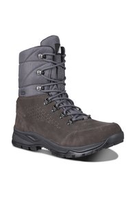 Graue Wanderschuhe aus Wildleder und synthetischem Material, mit gepolstertem Schaft, strapazierfähigen Schnürsenkeln und Gummisohlen mit Traktionsmustern.