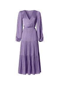 Robe maxi violette en tissu léger, dotée d'un décolleté en V, de longues manches bouffantes, de détails en boutons et d'une jupe à volants avec une taille froncée.