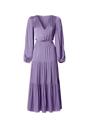 Lila Maxikleid aus leichtem Stoff mit V-Ausschnitt, langen Puffärmeln, Knopfdetails und gestuftem Rock mit gerafftem Bund.