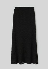 Jupe midi en dentelle noire avec motif texturé, dotée d'une fente latérale et d'une ceinture ajustée, conçue pour une silhouette fluide.