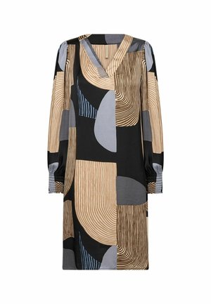 Long-sleeve dress with a V-neck, featuring abstract patterns in black, gray, beige, and blue. Smooth fabric with gathered cuffs.
