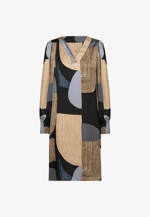 Sukienka z długim rękawem i dekoltem w serek, ozdobiona abstrakcyjnymi wzorami w kolorach czarnym, szarym, beżowym i niebieskim. Gładki materiał z marszczonymi mankietami.