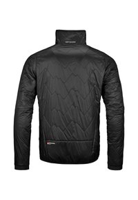 Schwarze isolierte Jacke mit hohem Kragen, rautenförmigem Steppmuster und elastischen Bündchen. Hergestellt aus Swisswool für Wärme und Langlebigkeit.