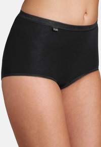 Culotte noire en coton taille haute avec une texture lisse, ornée d'une délicate bordure en dentelle le long de la taille et des ouvertures de jambes.
